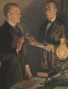 Calvin Coolidge being sworn in as president by his father, accurately depicted in a painting.