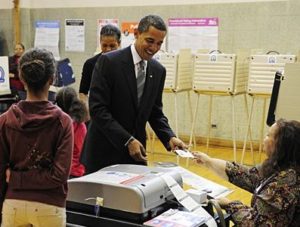 No sign of nervousness on the face of a beaming Barack Obama, who made casting his ballot in 2008 in Chicago a happy family outing.