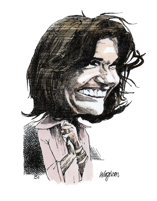 A 1975 caricature of the former First Lady at a Kennedy family tennis tournament five months after the death of Onassis, signaled her return to the fold of the President's family and full-time residency again in the United States. 