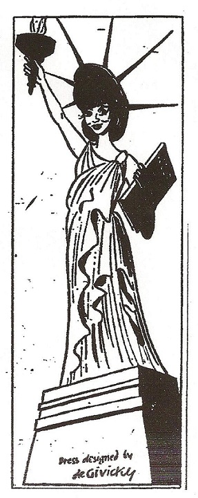 The London cartoon of Jackie Kennedy as the beacon of democracy in a gown by Givency and holding a copy of Vogue magazine.