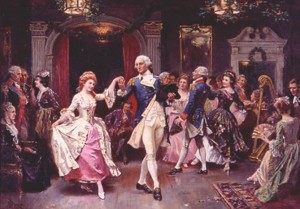 George Washington having a Ball to celebrate the end of the American Revolution, in an 1889 painting illustration by Jean Leon Germome Ferris.