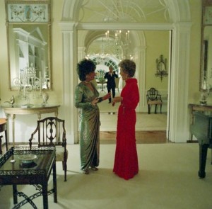 Old Metro pals, Liz Taylor in the White House private quarters with Nancy Reagan, overnight guest during a 1987 Japanese crown prince state visit.