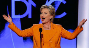 A presidential candidate in her own right that year, Hillary Clinton addresses the 2008 Democratic National Convention.