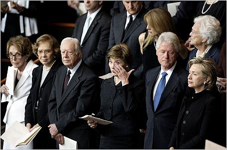 At Mrs. Johnson's 2007 funeral, the sorority of First Ladies attended, Nancy Reagan, Laura Bush, Barbara Bush, Rosalynn Carter, Hillary Clinton and the husbands of the latter two. At Mrs. Johnson's 2007 funeral, the sorority of First Ladies attended, Nancy Reagan, Laura Bush, Barbara Bush, Rosalynn Carter, Hillary Clinton and the husbands of the latter two.