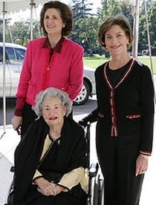 Lady Bird Johnson and daughter Lynda Robb welcomed to the WHite House by First Lady Laura Bush in 2005, the former First Lady's last visit there, two years before her death.