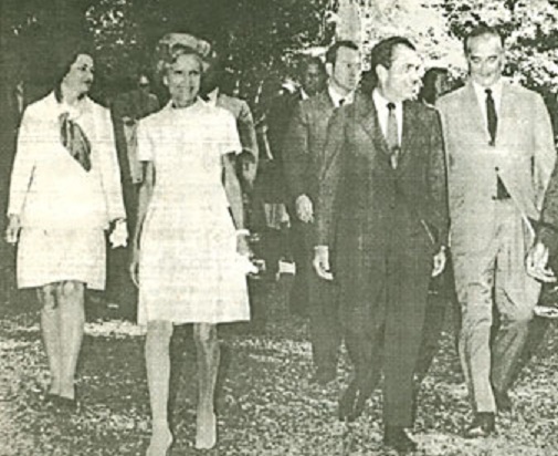 Mrs. Johnson with incumbent First Lady Pat Nixon and their husbands at the dedication of the Redwood Forest, Claifornia. Mrs. Johnson with incumbent First Lady Pat Nixon and their husbands at the dedication of the Redwood Forest, Claifornia.