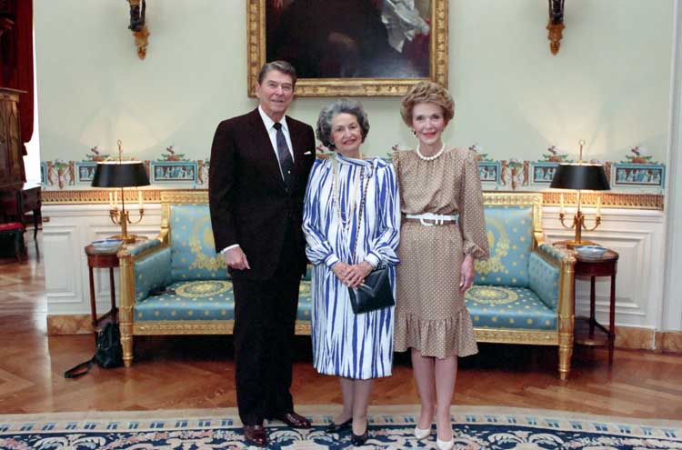 The Reagans with Lady Bird JOhnson in May 1988 in the Blue Room following their presentation to her of a COngressional Gold Medal. The Reagans with Lady Bird Johnson in May 1988 in the Blue Room following their presentation to her of a Congressional Gold Medal.