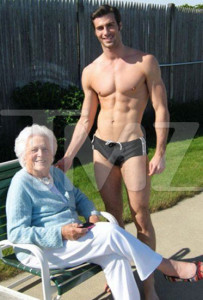 Barbara Bush and an actor from a Chorus Line production, at poolside.