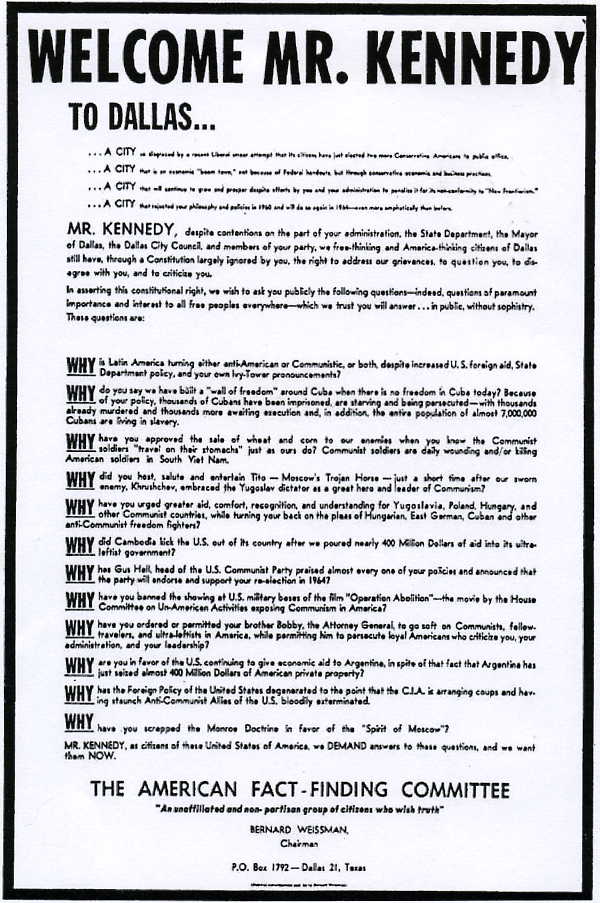 The Dallas Morning News ad which appeared on the morning of November 22, 1963. 