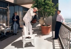 President Reagan being photographed on the patio of the presidential suite of the Century Plaza Hotel.