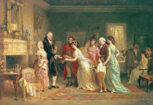 President Washington receiving birthday greetings from guests.