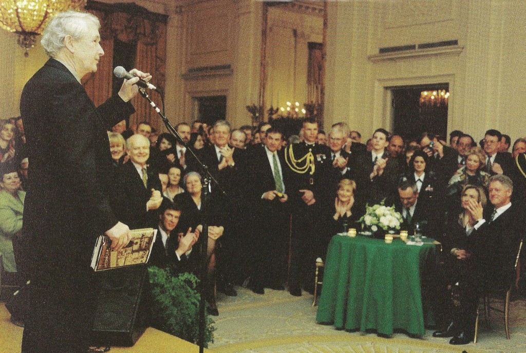 Frank McCourt read from his Pulitizer Prize winning books Angela's Ashes, tlling of his impoverished lin in Limerick at the 1998 Clinton White House St. Patrick's Day reception.