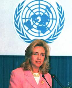 Hillary Clinton delivering her famous speech on women's rights in Beijing, 1995. (Getty)