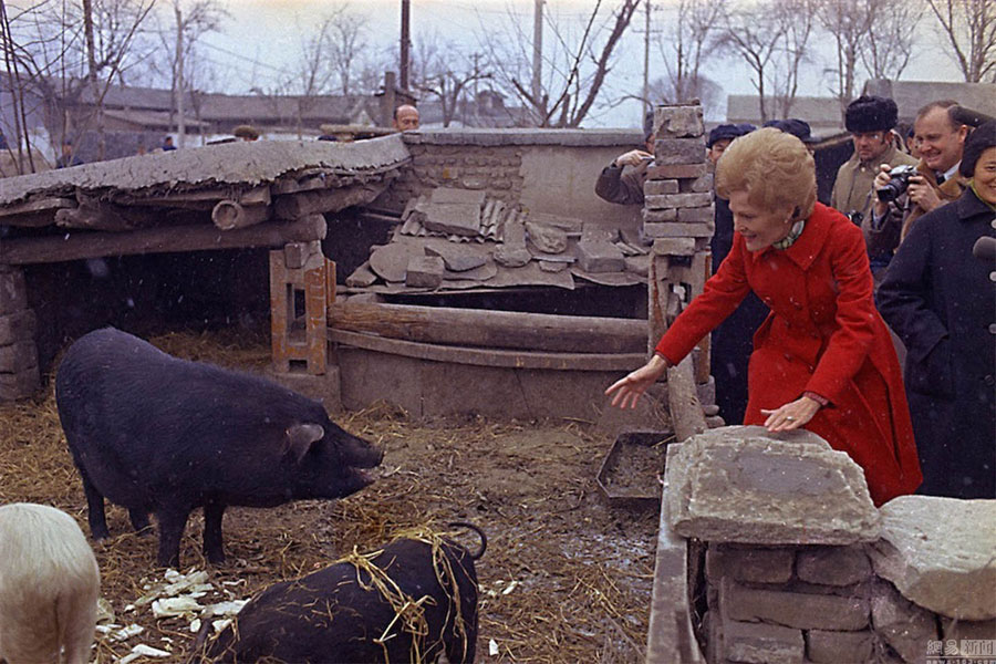 Pat Nixon fed a pig on a Chinese commune and startled communists by telling how she had performed the manual labor of raising pigs on a farm as a girl. (english.cri.cn)
