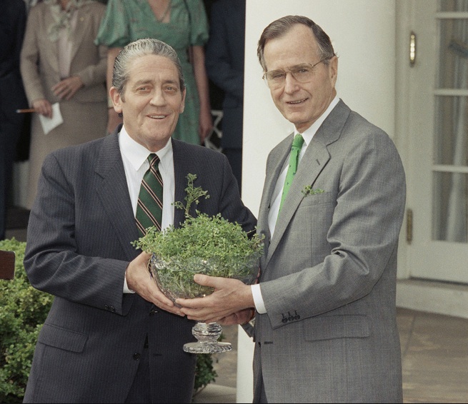 President George Bush receives his shamrocks on St. Patrick's Day 1990.