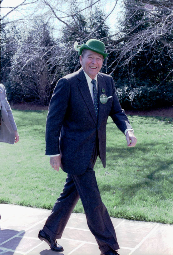 President Reagan walking back to the oval office after a St. Patrick's day luncheon at the U.S. Capitol. March 17 1988
