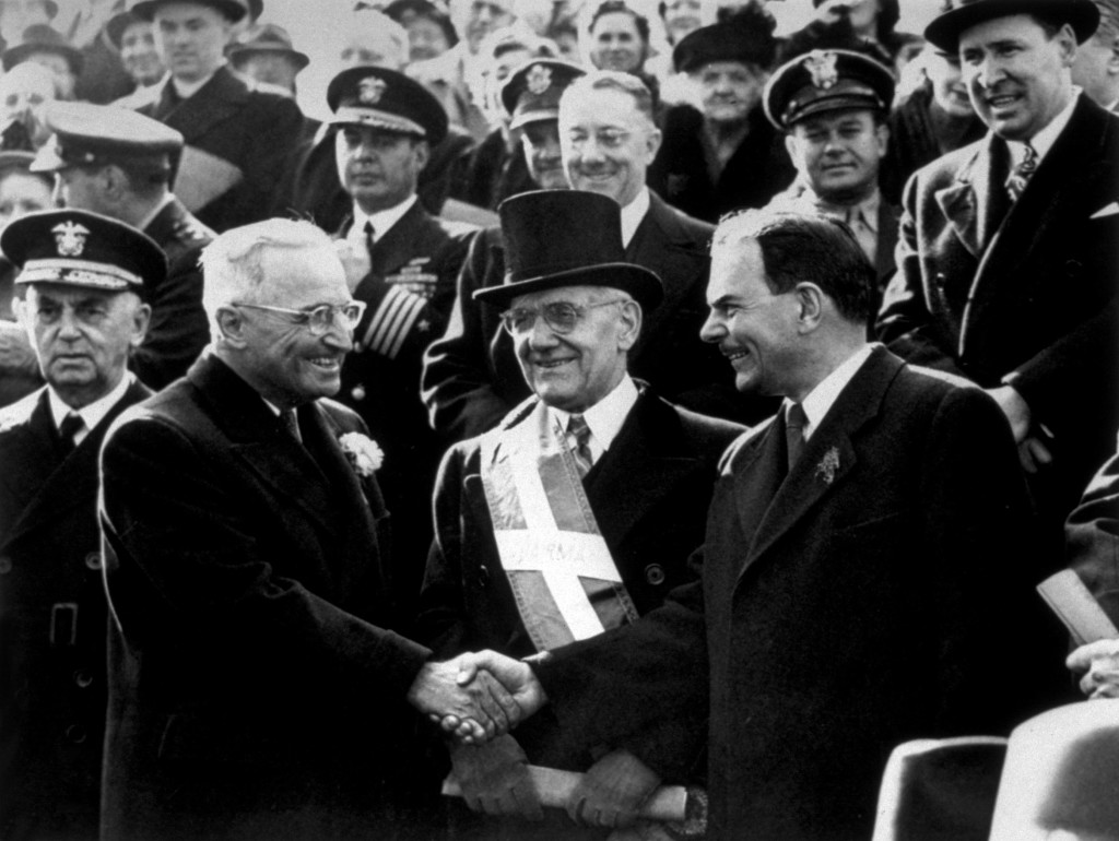 President Harry Truman meets his 1948 rival for the presidency, New York Governor Thomas Dewey in New York at that year's St. Patrick's Day Parade.