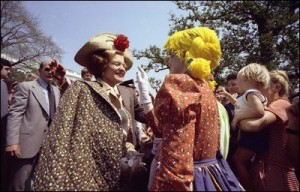 The first to return to the festivities after no First Ladies appeared for a third of a century, Betty Ford permits a clown to apply some makeup to her face at the 1975 Easter Egg Roll. (Ford Library)