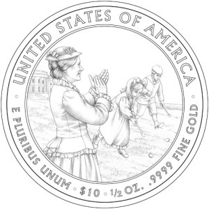 The reverse of a 2011 gold commemorative coin designed by Barbara Fox, shows Lucy Hayes applauding children participating in the first White House Easter Egg Roll. (US Mint)
