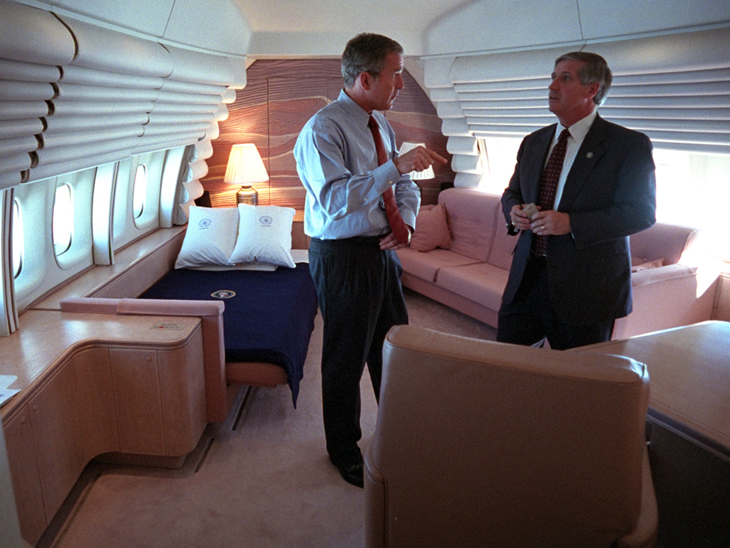 President George W. Bush in his bedroom aboard Air Force One.