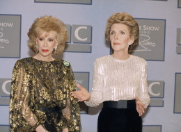 Nancy Reagan, right, joins talk show host  Joan Rivers before the taping of the show, "The Late Show Starring Joan Rivers, on Fox TV,  on Oct. 30, 1986. (AP Photo)