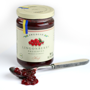 An imported jar of Swedish lignonberry sauce.