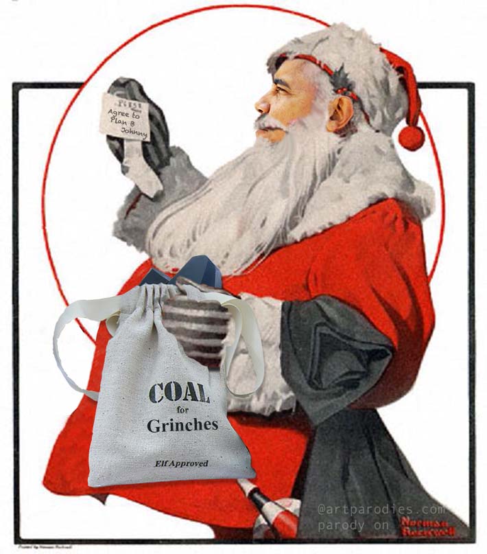 President Obama as Santa Clause leaving lumps of coal to the Grinches during Christmas 2012, a parody on Norman Rockwell's A Drum for Tommy painting.