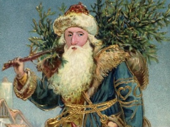 A Victorian Santa Claus peering from beneath his beard and looking suspiciously like George Washington.