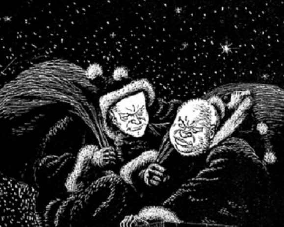 President Dwight D. Eisenhower depicted as a 1959 Cold War Santa Claus eager to beat the competing Soviet Premier Khrushchev Santa Claus in dispensing gifts to non-aligned nations.