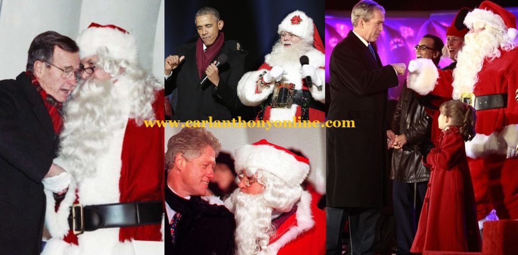 Santa with U.S. Presidents Bush, Clinton, Bush and Obama.