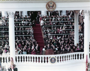 President Johnson had to take his oath of office and deliver his speech behind bullet-proof glass on January 20, 1965, the first time such a measure was put in place.
