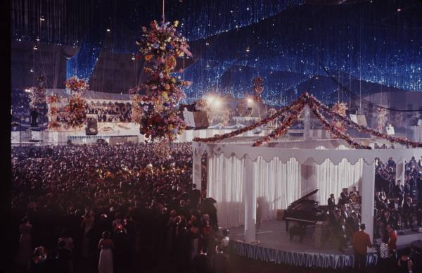One of the five elaborately decorated hotel grand ballrooms which hosted the 1965 Inaugural Ball; its chairman Matilde Krim was fastidious in her efforts to make them perhaps the most elaborately detailed, with motifs of the varied landscapes of the United States.
