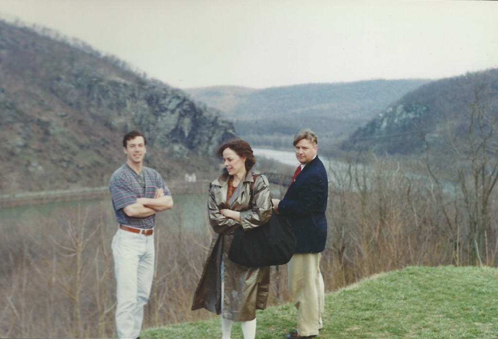 Ellen inspected the rock formations in Harper's Ferry, West Virginia one Palm Sunday, with Rich S. and Eddie P, reporting on the viability of bridges that were never planned to span the river there.
