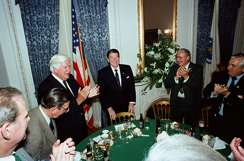President Reagan attending the annual St. Patrick's Day luncheon at the U.S. Capitol, hosted for him by House Speaker Tip O'Neill, 1983.