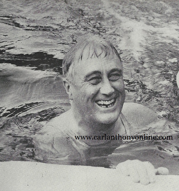 A beaming FDR in the pool at Warm Springs, Georgia, the center he founded for those seeking to rehabilitate mobility, after he lost the ability to walk due to polio.