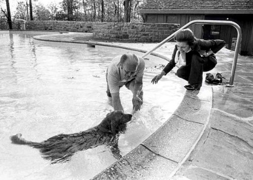 Liberty the dog with Gerald and Betty Ford in the Camp David swimming pool.