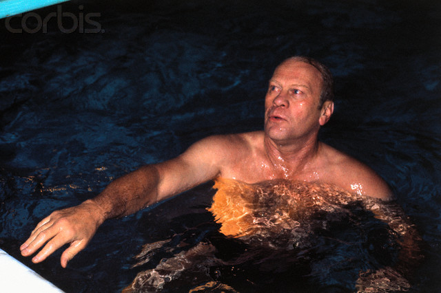 17 Oct 1973, Alexandria, Virginia, USA --- Original caption: Alexandria, VA: Vice Presidential nominee Representative Gerald Ford takes an early morning swim in his pool at his Alexandria, VA home.  Ford usually starts each day with a workout in the swimming pool. --- Image by © Bettmann/CORBIS