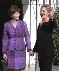 It was perhaps the warmest transition tea and tour ever conducted by an outgoing First Lady and her incoming successor, On December 18,2000, after the disputed election of her husband had been settled Laura Bush arrived to be welcomed by Hillary Clinton - once the locked doors of her secure limo could finally be opened. The press, looking to create a story had already claimed that Laura arrived late - when, in fact, it was Hillary who had been delayed. As they went through the entire house, Hillary recalled some of her happiest times in the different rooms and halls. Laura found her "gracious and forthcoming. She gave her some advice and recalled her regrets that she'd taken a controversial office in the West Wing and also passing up an invitation from Jackie Kennedy Onassis to the ballet because of her work schedule - and Jackie ended up dying shortly thereafter. After Hillary showed her tomatoes she grew on the parapet of the solarium on the top floor because "you just can't get good tomatoes" - and Laura ended up doing the same thing.