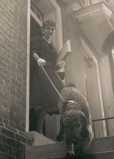 Jacqueline Kennedy leaves her Dent Street house with her primary daytime companion, her elderly but spry poodle Gaullie.