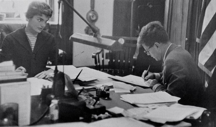 Although she usually worked at a desk, quietly by herself when she was up at her husband's Senate office, Jackie Kennedy always checked with him for factual information when drafting responses to mail from non-English speaking constituents.