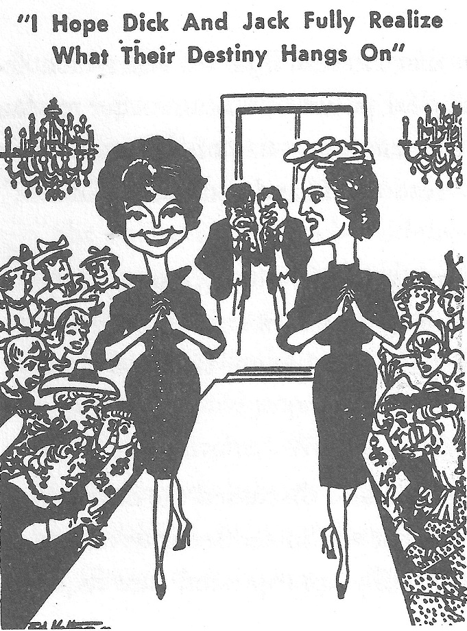 A 1960 campaign cartoon spoofed the campaign "issue" comparing how much Jackie Kennedy and Pat Nixon spent on their clothes.