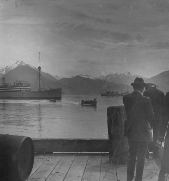 A launch boat taking the presidential party from the Henderson to the dock at Sitka.
