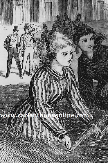An illustration depicting First Lady Julia Grant splashing water as she swam with her family at Long Branch. The drawing was not just the first to illustrate a First Lady in such informal garb, but showed her as far trimmer than she really was.