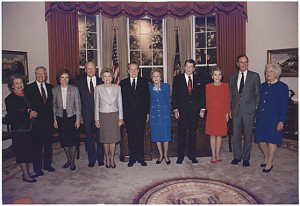 At the 1991 Reagan Library dedication, Jimmy Carter, second from left, and Pat Nixon, seventh from left, join (left to right) Lady Bird Johnson, Rosalynn Carter, the Fords, Nixon, the Reagans and Bushes.