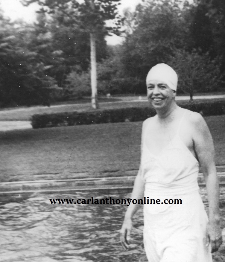 Eleanor Roosevelt smiling in her bathing suit, after a swim.
