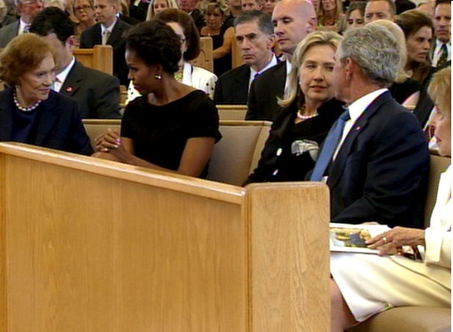 Four First Ladies and one President at Mrs. Ford's funeral in the desert: Rosalyn Carter, Michelle Obama, Hillary Clinton, George W. Bush and Nancy Reagan.