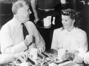 FDR lunches with Hepburn. They were distant cousins through a common Mayflower ancestor.