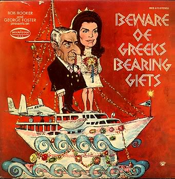 Jackie Kennedy's 1968 remarriage to Aristotle Onassis horrified those who considered his appearance and lifestyle as inappropriate for what she continued to symbolize to them. So began more eviscerating caricaturing of her, as in the cartoon cover of a comedy album depicting her and Ari.