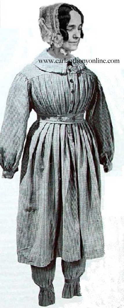 Jane Pierce depicted in an 1855 women's bathing suit.