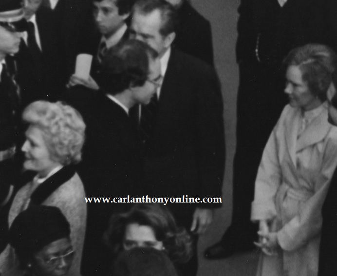 Pat Nixon and Rosalynn Carter gather for Mamie Eisenhower's 1979 funeral, with members of her family. W